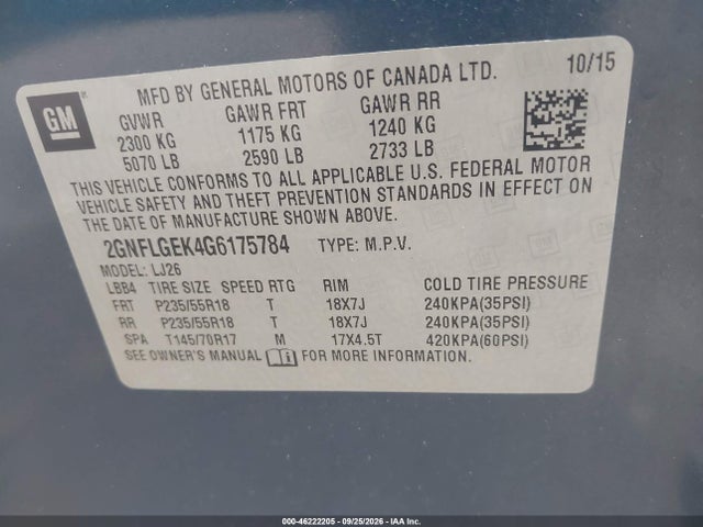 2016 Chevrolet Equinox Ltz მანქანა იყიდება აუქციონზე, vin: 2GNFLGEK4G6175784, აუქციონის ნომერი: 46222205