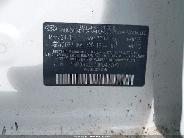 Продаж на аукціоні авто 2011 Hyundai Elantra Gls, vin: 5NPDH4AE7BH047706, номер лоту: 46222207