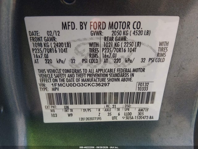 46222208 :رقم المزاد ، 1FMCU0DG3CKC36297 vin ، 2012 Ford Escape Xlt مزاد بيع