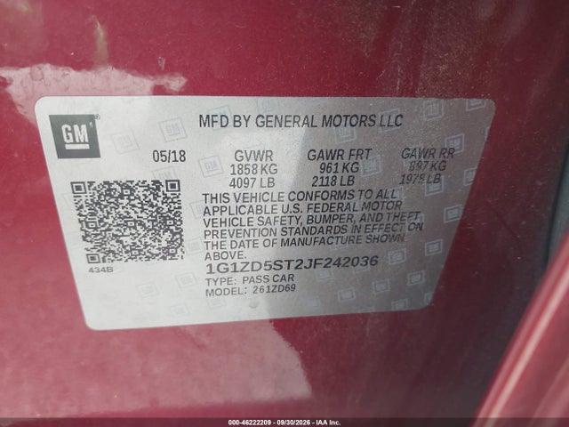 46222209 :رقم المزاد ، 1G1ZD5ST2JF242036 vin ، 2018 Chevrolet Malibu Lt مزاد بيع