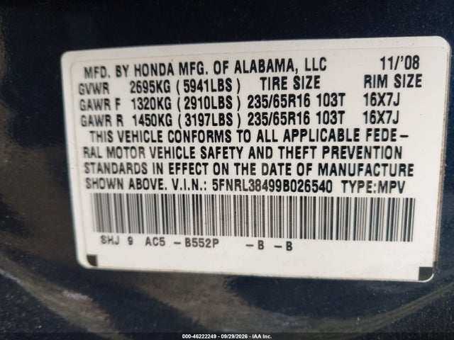 Aukcja sprzedaży 2009 Honda Odyssey Ex, vin: 5FNRL38499B026540, numer aukcji: 46222249