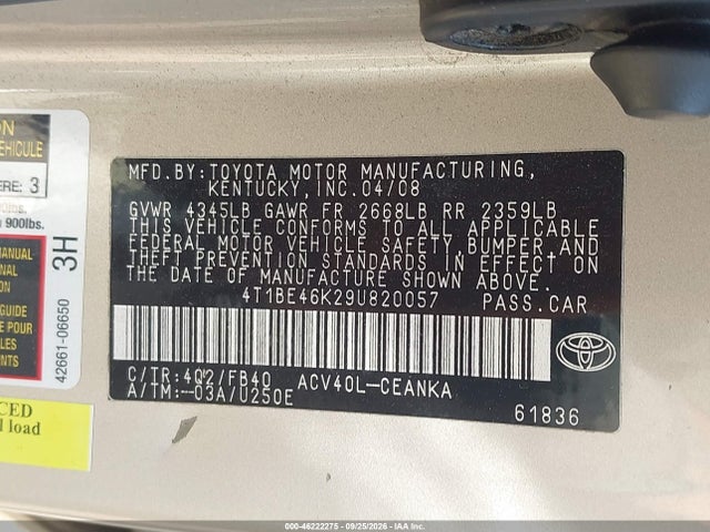 Продажа на аукционе авто 2009 Toyota Camry Le, vin: 4T1BE46K29U820057, номер лота: 46222275