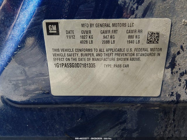 2013 Chevrolet Cruze Ls Auto მანქანა იყიდება აუქციონზე, vin: 1G1PA5SG0D7181335, აუქციონის ნომერი: 46222277