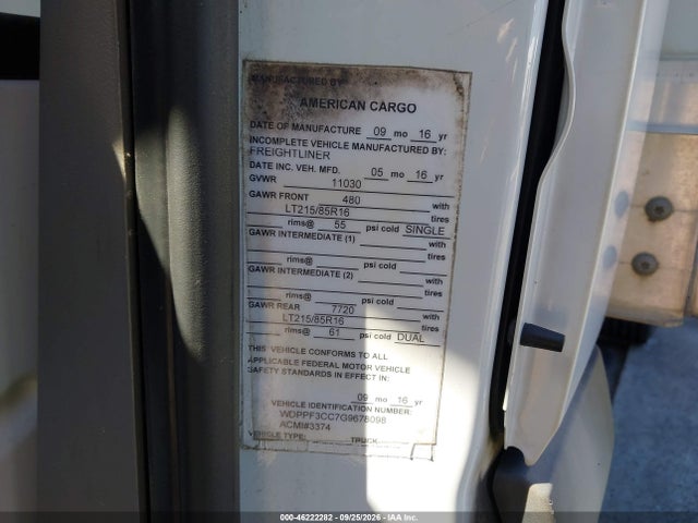 Aukcja sprzedaży 2016 Freightliner Sprinter 3500, vin: WDPPF3CC7G9678098, numer aukcji: 46222282