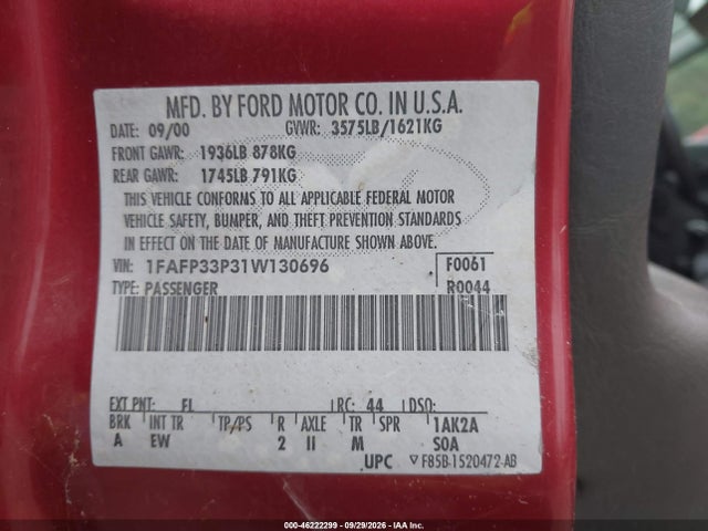 2001 Ford Focus Lx მანქანა იყიდება აუქციონზე, vin: 1FAFP33P31W130696, აუქციონის ნომერი: 46222299