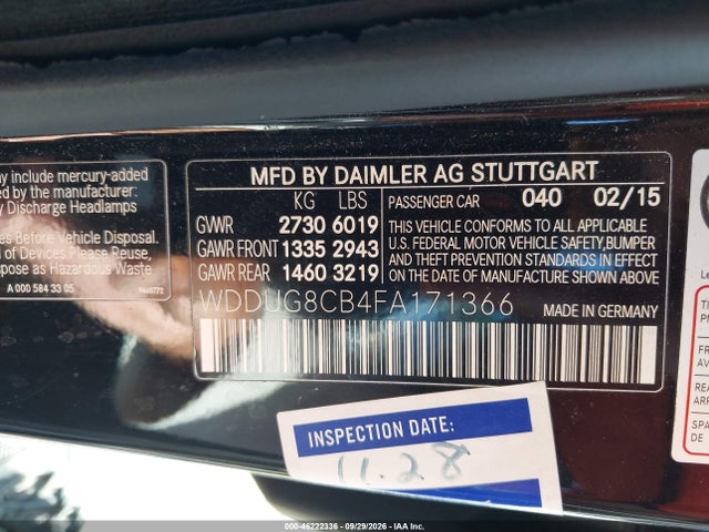 46222336 :رقم المزاد ، WDDUG8CB4FA171366 vin ، 2015 Mercedes-benz S 550 مزاد بيع