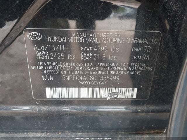 2012 Hyundai Sonata Limited მანქანა იყიდება აუქციონზე, vin: 5NPEC4AC8CH355499, აუქციონის ნომერი: 46222339