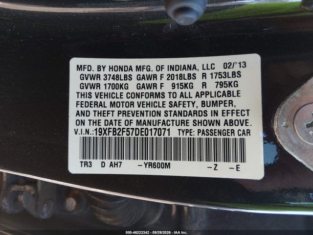 46222342 :رقم المزاد ، 19XFB2F57DE017071 vin ، 2013 Honda Civic Lx مزاد بيع