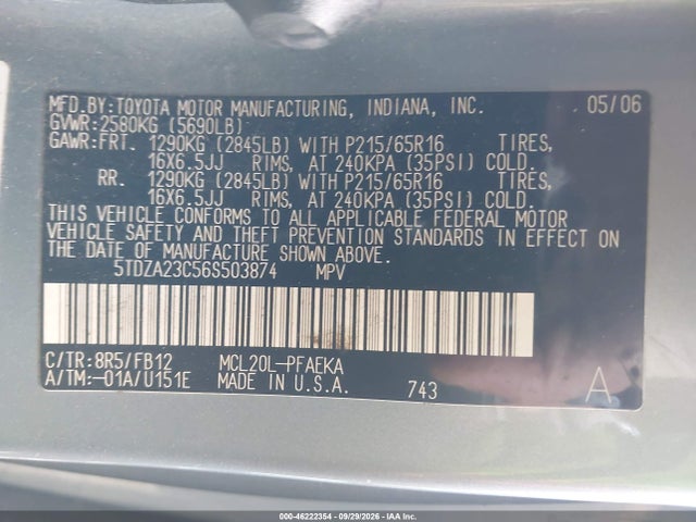 Aukcja sprzedaży 2006 Toyota Sienna Ce, vin: 5TDZA23C56S503874, numer aukcji: 46222354