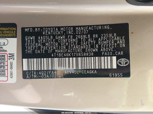 46222366 :رقم المزاد ، 4T1BE46K17U658838 vin ، 2007 Toyota Camry Xle مزاد بيع