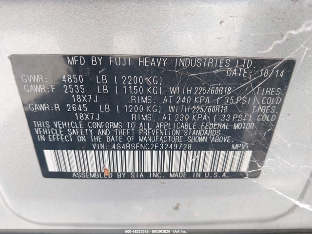 4S4BSENC2F3249728 Subaru Outback 3.6r Limited