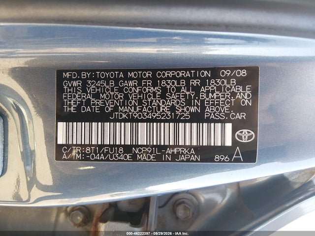 46222397 :رقم المزاد ، JTDKT903495231725 vin ، 2009 Toyota Yaris مزاد بيع