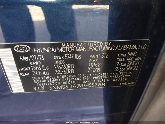 46222407 :رقم المزاد ، 5NMS6DAJ9PH559904 vin ، 2023 Hyundai Santa Fe Xrt مزاد بيع