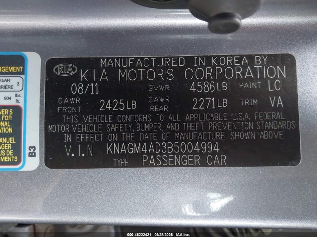 46222421 :رقم المزاد ، KNAGM4AD3B5004994 vin ، 2011 Kia Optima Hybrid Ex مزاد بيع