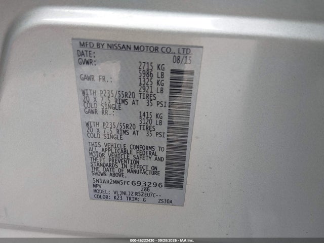 Aukcja sprzedaży 2015 Nissan Pathfinder Platinum, vin: 5N1AR2MM5FC693296, numer aukcji: 46222430