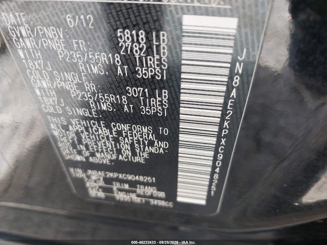 46222433 :رقم المزاد ، JN8AE2KPXC9048251 vin ، 2012 Nissan Quest Sl مزاد بيع
