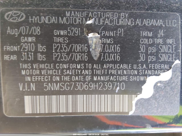 46222466 :رقم المزاد ، 5NMSG73D69H239710 vin ، 2009 Hyundai Santa Fe Gls مزاد بيع