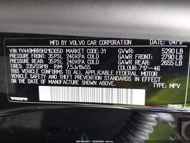 2017 Volvo Xc60 T6 Dynamic მანქანა იყიდება აუქციონზე, vin: YV449MRR9H2163050, აუქციონის ნომერი: 46222471