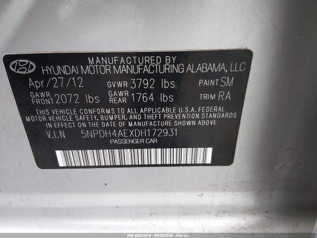 Aukcja sprzedaży 2013 Hyundai Elantra Gls, vin: 5NPDH4AEXDH172931, numer aukcji: 46222474