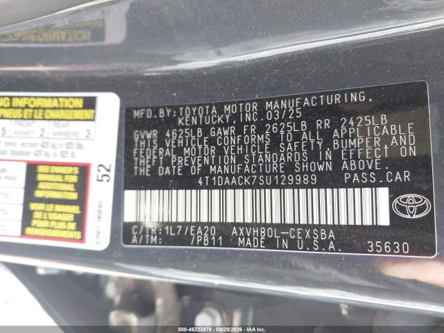 2025 Toyota Camry Se მანქანა იყიდება აუქციონზე, vin: 4T1DAACK7SU129989, აუქციონის ნომერი: 46222479