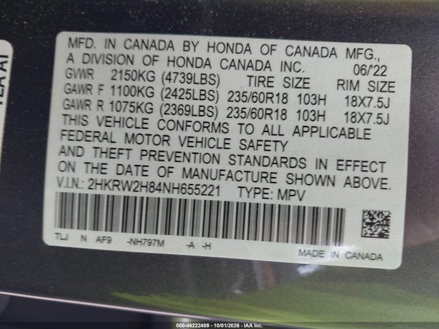 2022 Honda Cr-v Awd Ex-l მანქანა იყიდება აუქციონზე, vin: 2HKRW2H84NH655221, აუქციონის ნომერი: 46222489