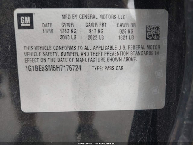 Продаж на аукціоні авто 2017 Chevrolet Cruze Lt, vin: 1G1BE5SM5H7176724, номер лоту: 46222503