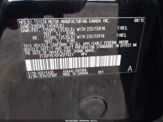 Продажа на аукционе авто 2015 Toyota Rav4 Limited, vin: 2T3DFREV0FW377621, номер лота: 46222506