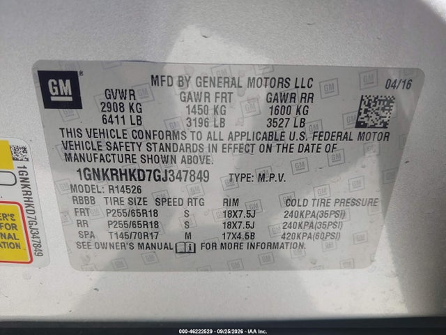 Chevrolet Traverse Lt 2016 1GNKRHKD7GJ347849 Image 9