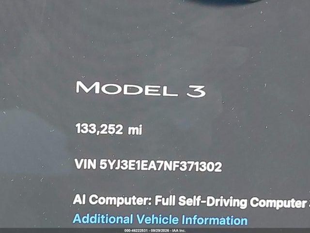 46222531 :رقم المزاد ، 5YJ3E1EA7NF371302 vin ، 2022 Tesla Model 3 Rear-wheel Drive مزاد بيع