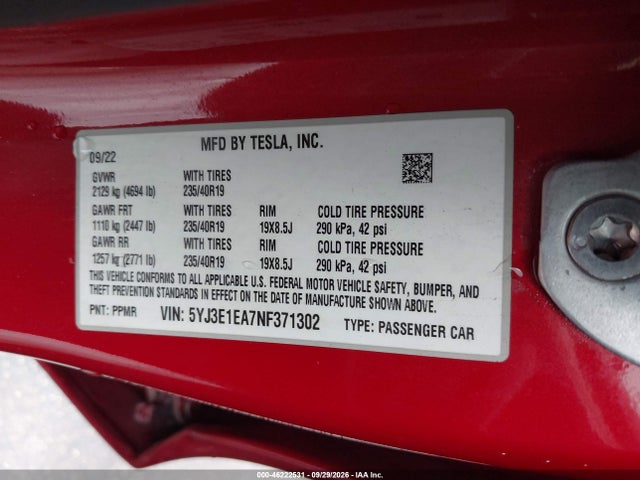 46222531 :رقم المزاد ، 5YJ3E1EA7NF371302 vin ، 2022 Tesla Model 3 Rear-wheel Drive مزاد بيع
