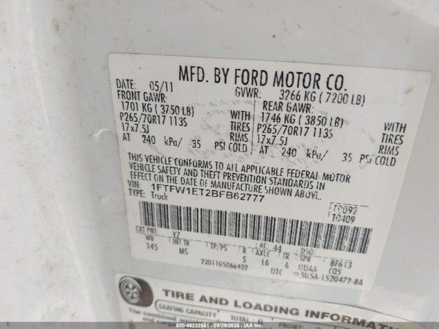 Продажа на аукционе авто 2011 Ford F-150 Xlt, vin: 1FTFW1ET2BFB62777, номер лота: 46222551