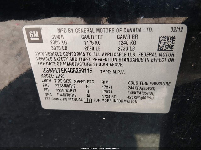 Aukcja sprzedaży 2012 Gmc Terrain Sle-2, vin: 2GKFLTEK4C6269115, numer aukcji: 46222565