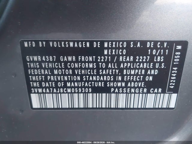 2012 Volkswagen Jetta Gli მანქანა იყიდება აუქციონზე, vin: 3VW4A7AJ8CM059309, აუქციონის ნომერი: 46222594
