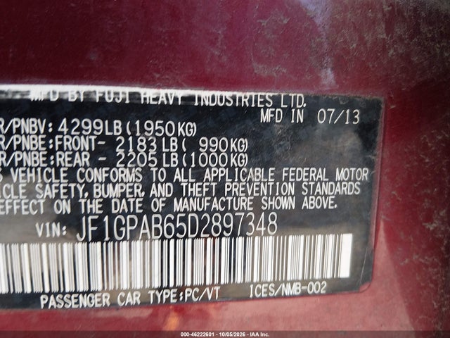 Aukcja sprzedaży 2013 Subaru Impreza 2.0i Premium, vin: JF1GPAB65D2897348, numer aukcji: 46222601
