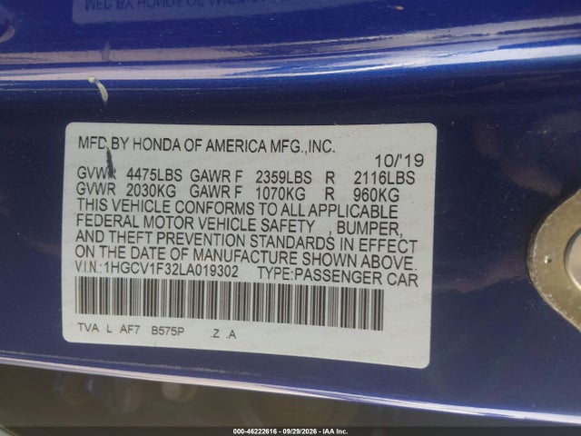 2020 Honda Accord Sport მანქანა იყიდება აუქციონზე, vin: 1HGCV1F32LA019302, აუქციონის ნომერი: 46222616