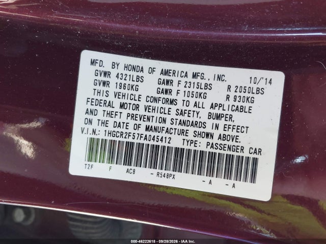 46222618 :رقم المزاد ، 1HGCR2F57FA045412 vin ، 2015 Honda Accord Sport مزاد بيع