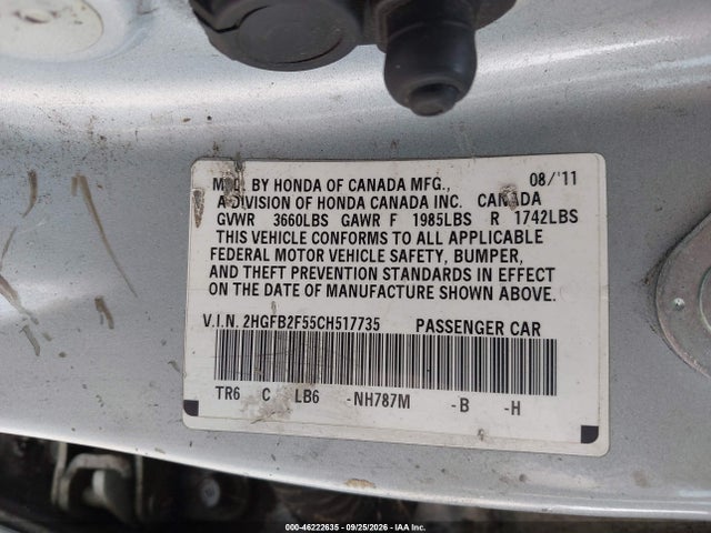 2012 Honda Civic Lx მანქანა იყიდება აუქციონზე, vin: 2HGFB2F55CH517735, აუქციონის ნომერი: 46222635