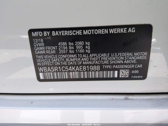 46222645 :رقم المزاد ، WBA5R1C54KAE81988 vin ، 2019 Bmw 330i مزاد بيع
