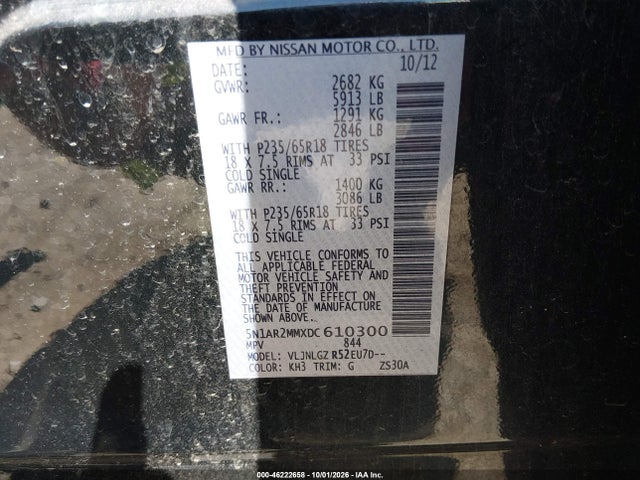 46222658 :رقم المزاد ، 5N1AR2MMXDC610300 vin ، 2013 Nissan Pathfinder Sl مزاد بيع