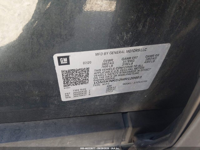Aukcja sprzedaży 2021 Chevrolet Tahoe 4wd Lt, vin: 1GNSKNKD2MR120603, numer aukcji: 46222677