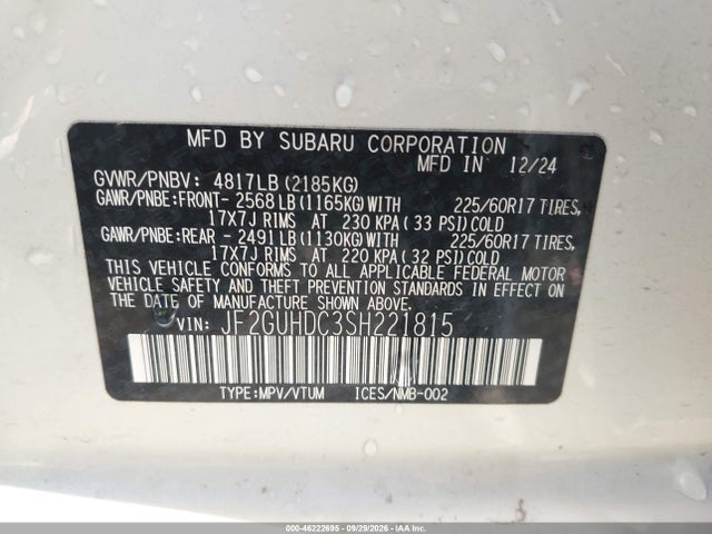 46222695 :رقم المزاد ، JF2GUHDC3SH221815 vin ، 2025 Subaru Crosstrek Premium مزاد بيع