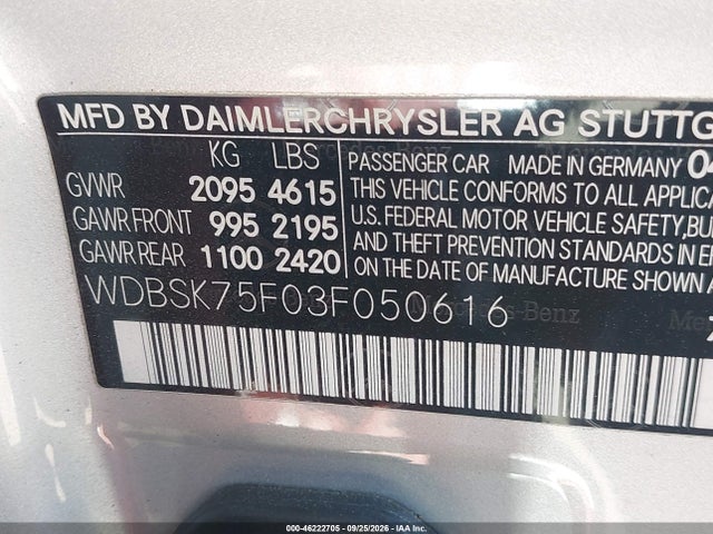 Aukcja sprzedaży 2003 Mercedes-benz Sl-class, vin: WDBSK75F03F050616, numer aukcji: 46222705