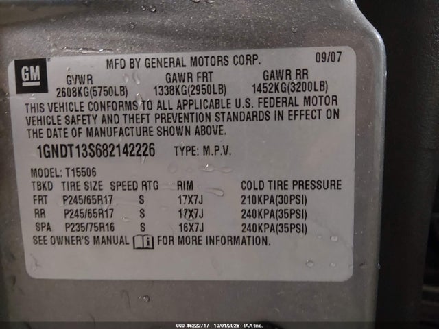 46222717 :رقم المزاد ، 1GNDT13S682142226 vin ، 2008 Chevrolet Trailblazer Lt مزاد بيع