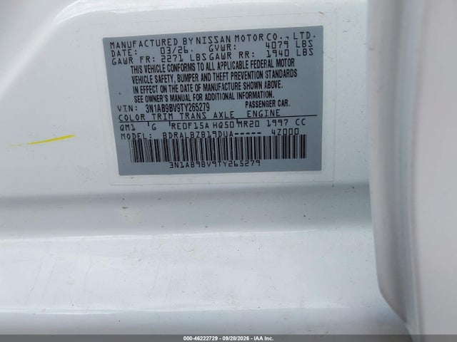 Aukcja sprzedaży 2026 Nissan Sentra S, vin: 3N1AB9BV9TY265279, numer aukcji: 46222729