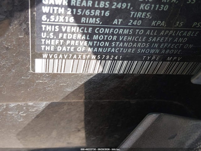 46222730 :رقم المزاد ، WVGAV7AX5FW579241 vin ، 2015 Volkswagen Tiguan S مزاد بيع