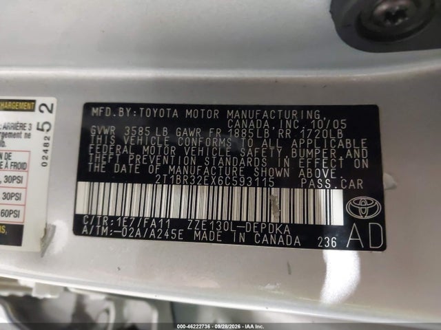 46222736 :رقم المزاد ، 2T1BR32EX6C593115 vin ، 2006 Toyota Corolla Ce مزاد بيع