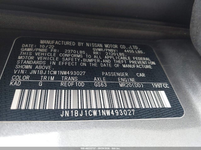 46222737 :رقم المزاد ، JN1BJ1CW1NW493027 vin ، 2022 Nissan Rogue Sport Sl Awd Xtronic Cvt مزاد بيع