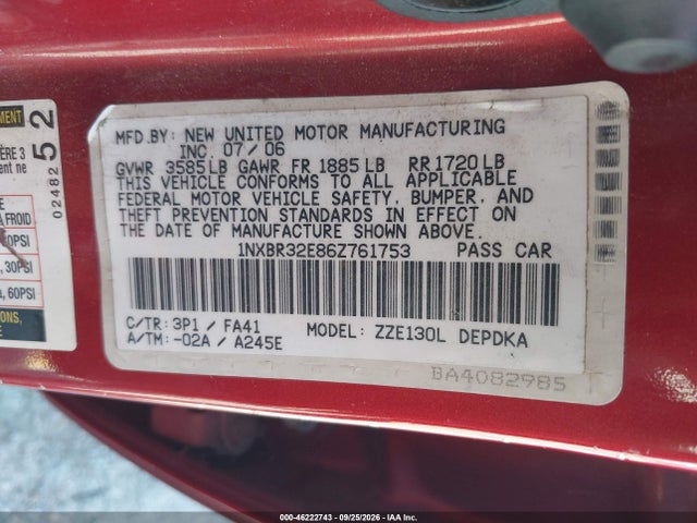 Auction sale of the 2006 Toyota Corolla Ce, vin: 1NXBR32E86Z761753, lot number: 46222743