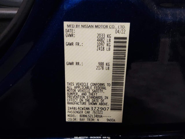 Aukcja sprzedaży 2022 Nissan Altima Sr Intelligent Awd, vin: 1N4BL4CW1NN372907, numer aukcji: 46222781