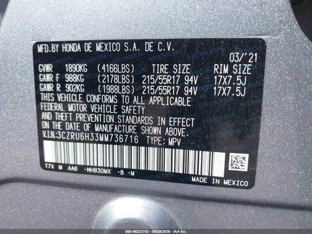Aukcja sprzedaży 2021 Honda Hr-v Awd Lx, vin: 3CZRU6H33MM736716, numer aukcji: 46222783